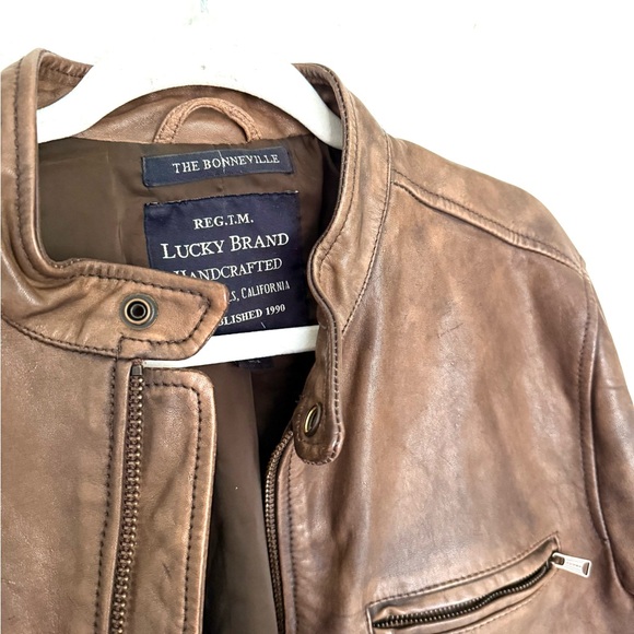 -sold- Lucky Brand Washed Leather Bonneville Jacket Moto Biker Distressed Size M - Picture 2 of 7